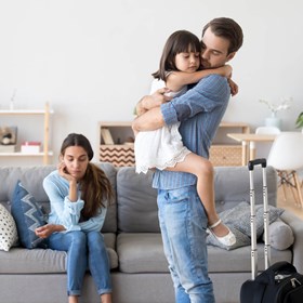 Goodbye Father hugging daughter and mother sitting miserably